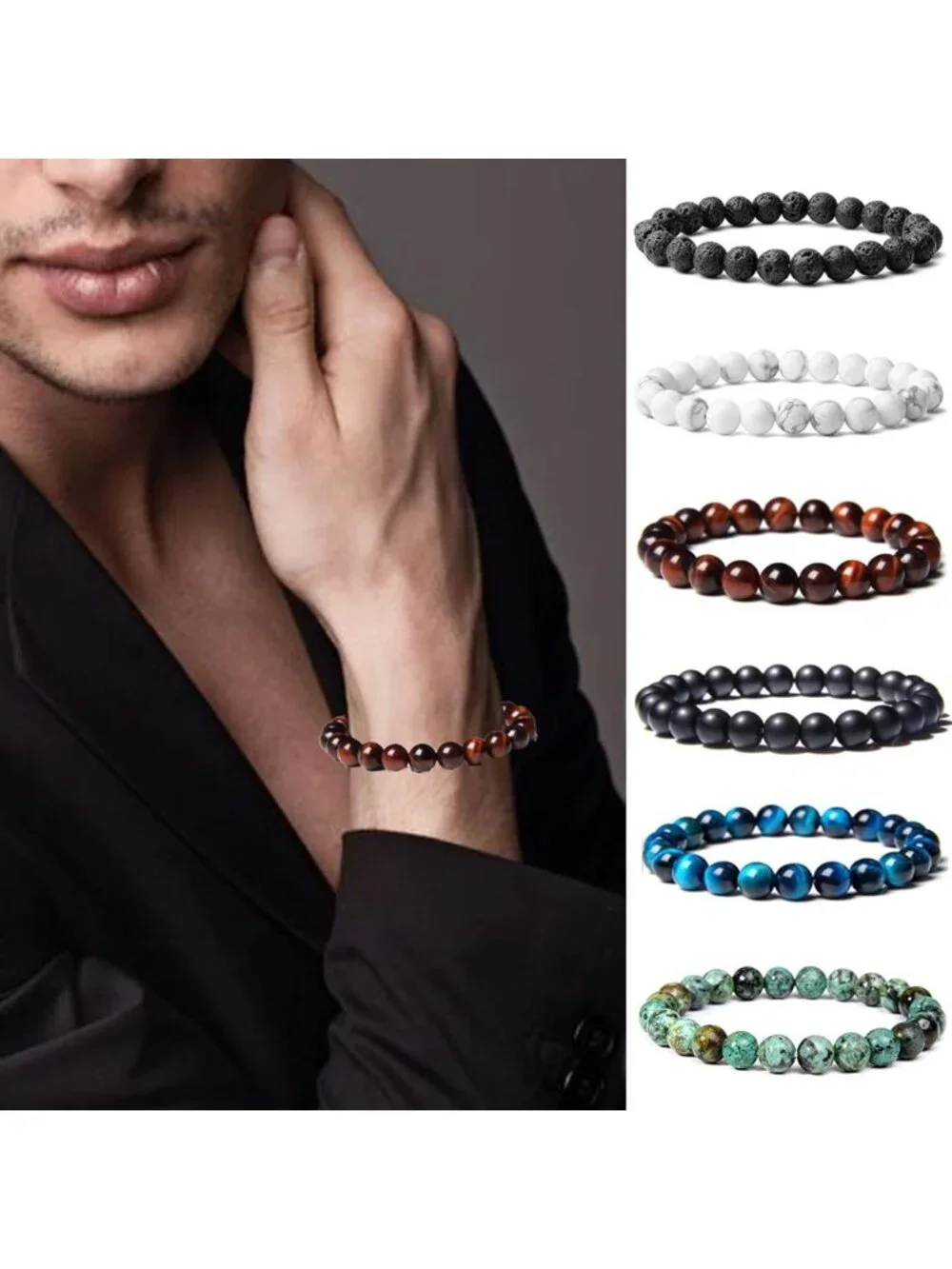 12PCS 8mm Semi-Precious Gemstone Beaded Bracelets for Men & Women | Natural